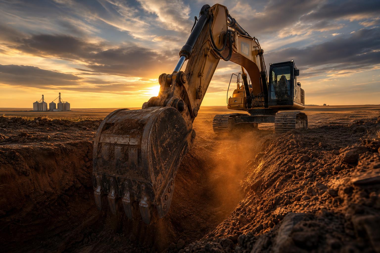Excavator carving a trench across the Kansas prairie at golden hour